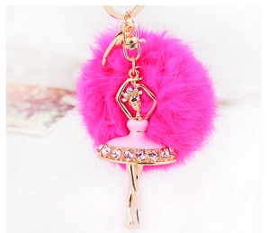 Detail of pink faux fur pompom and rhinestone-encrusted ballet dancer keychain charm