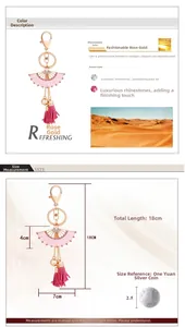 Porte-clés éventail rose avec strass et placage en or rose, longueur totale de 18 cm