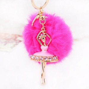 Fashion Ballet Dancer Pom Pom Keychain For Women Zinc Alloy Rhinestone Enameled Girl Pendant Artificial Fur Ball Keyring