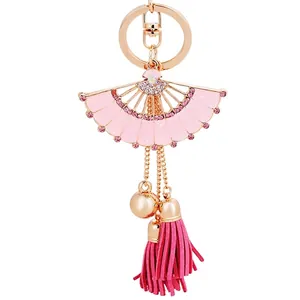 Porte-clés Éventail Pliant en Émail et Alliage de Zinc Style Chinois Avec Franges et Strass Pendentif de Sac en Métal