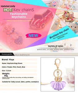 Close-up of alloy crown fabric flower keychain and diverse fashion bag charms