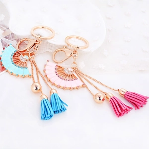 Porte-clés éventail style chinois avec émail, pompon et strass pour sacs à main