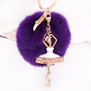 Elegant purple fluffy fur ballet dancer keychain with sparkling pink rhinestones and gold ring