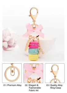 Detail of colorful macaron keychain with silk bow and golden Eiffel Tower charm
