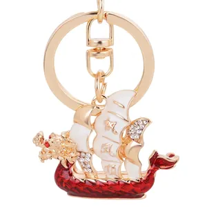 Traditional Chinese Style Dragon Boat Sailboat Keychain Zinc Alloy Enamel Rhinestone Inlaid Bag Pendant Charm Gift Men Women