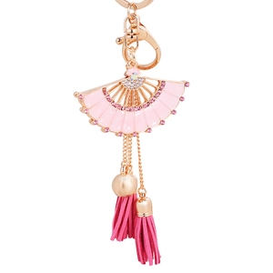 Porte-clés élégant en éventail émaillé rose avec glands et strass pour sac à main