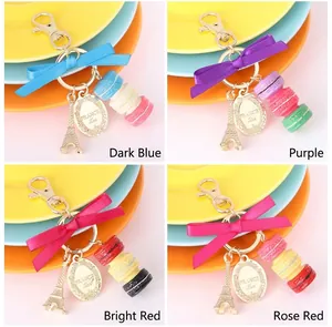 French style macaron keychain with Eiffel Tower charm and elegant silk bow detail