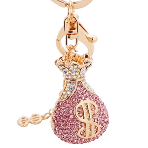 Schlüsselanhänger Geldsack mit rosa Strasssteinen und rosévergoldeter Dollar-Anhänger