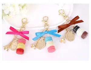 Detail showing macaron keychain sets with Eiffel Tower charms and silk bows in various colors