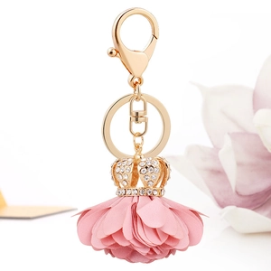 Crown Rhinestone Fabric Flower Keychain Alloy Metal Key Ring Fashionable Bag Charm Pendant For Women Girls Car Accessories Gift