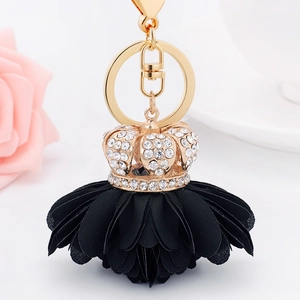Elegant crown keychain with black fabric flower tassel and sparkling rhinestones