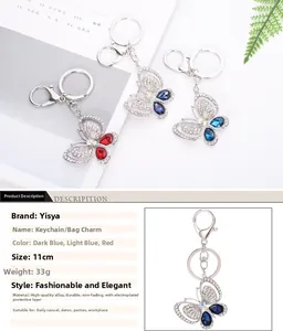 Macro di portachiavi a farfalla con strass scintillanti in rosso, blu scuro e blu pavone