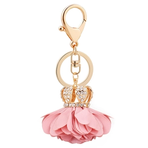 Pink fabric flower keychain with gold crown and crystals for women handbag decor