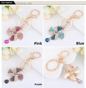 Détail des porte-clés moulin à vent avec strass en cristal en rose, bleu et violet