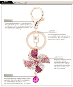 Détail du porte-clés moulin à vent avec strass roses et blancs sur alliage doré brillant