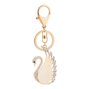 Eleganter Schwan Schlüsselanhänger aus Gold mit weißem Emaille und glänzenden Kristallen