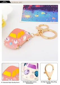 Detail of pink resin car keychain featuring colorful rhinestones and gold alloy clasp