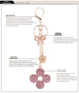 Close-up of rose gold four-leaf clover keychain with pink rhinestones and crown