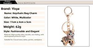 Detailed size and weight chart of a rose gold tiger keychain encrusted with colorful crystals