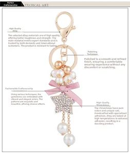 Detail of beaded star keychain with pink silk bow and high-quality alloy lobster clasp