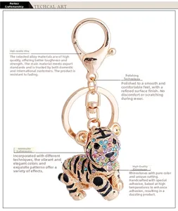 Detail of tiger keychain with colorful crystals, spring clasp, and gold-plated alloy finish