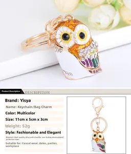 Detail of colorful owl keychain with rhinestones showing dimensions 5x3cm and 52g weight