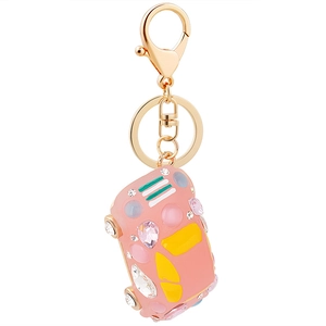 Pink beetle car keychain with gold metal plating and colorful crystal rhinestones
