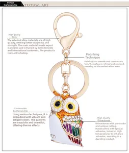 Detail of owl keychain with sparkling rhinestones, enamel finish and gold alloy clasp