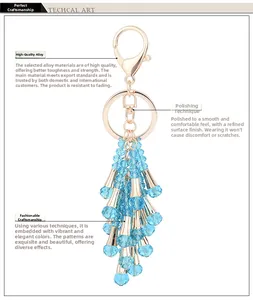 Detailed view of blue crystal bead tassel keychain with durable gold alloy clasp