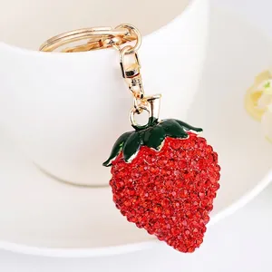 Fashion Creative Strawberry Keychain Alloy Rhinestone Enamel Fruit Key Ring Sparkling Bag Hanging Ornament For Women Gift