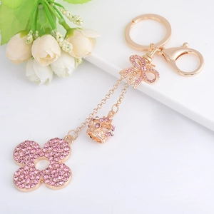 Rose gold crown and clover keychain with pink rhinestones for handbags and car keys