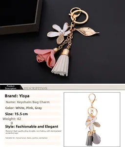 Detailed view of flower and leaf keychain with tassel, pearls, and crystals on alloy finish