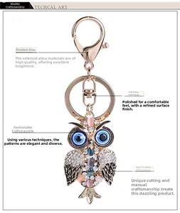 Detailed view of owl keychain featuring blue evil eye rhinestones and polished alloy