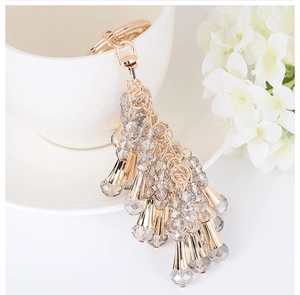 Detail of grey crystal beaded tassels with champagne gold ring clasp for handbags