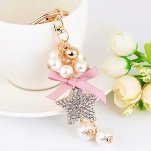 Fashion Rhinestone Star Keychain Alloy Faux Artificial Pearl Beaded Pendant With Satin Bow Korean Style Bag Charm For Women Gift