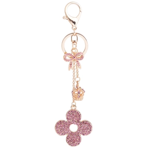 Chic rose gold clover crown keychain with pink rhinestones and bowknot for bags