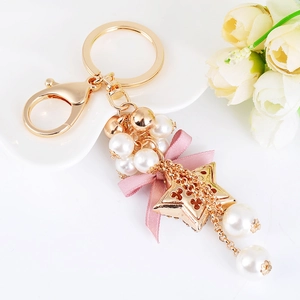 Exquisite beaded bow keychain with gold star and faux pearls for women bags
