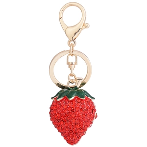 Sparkling strawberry rhinestone keychain with green enamel leaves and golden metal ring