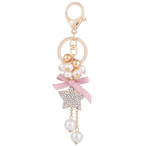 Star-shaped rhinestone keychain with pink bow and pearls for women handbag decor