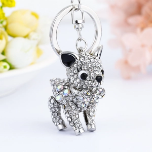 Detailed close-up of sparkling silver crystal deer keychain with high-quality rhinestones