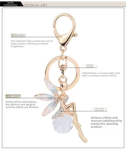 Detailed view of angel keychain with blue enamel wings and crystal ball on a lobster clasp