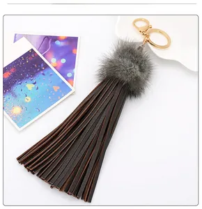 Détail d'un pompon en fausse fourrure grise et gland en cuir sur porte-clés doré