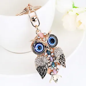 Creative Owl Shape Zinc Alloy Keychain Rhinestone Inlaid Colorful Stones Fashion Women Bag Charm Pendant Jewelry Gift
