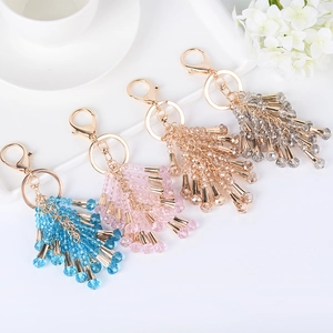 Elegant crystal beaded tassel keychain set in four pastel colors with gold hardware