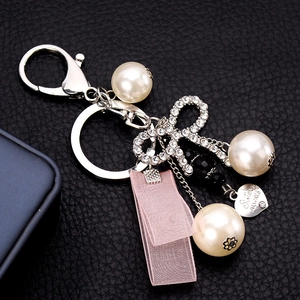 Korean Fashion Artificial Pearl Rhinestone Bow Ribbon Heart Letter Pendant Keychain For Women Bag Charm Sister Friend Forever Gift