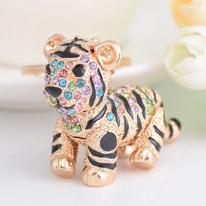 Sparkling crystal tiger keychain with colorful rhinestones and golden enamel stripes