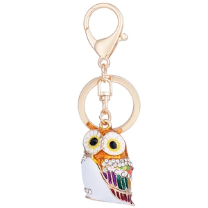 Chic owl keychain with colorful enamel and sparkling rhinestones on golden metal base