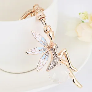 Exquisite Fairy Angel Keychain With Rhinestone Crystal Ball Gold Zinc Alloy Enamel Wing Bag Charm Car Pendant For Women