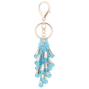 Exquisite light blue crystal beaded tassel keychain with polished gold metal hardware