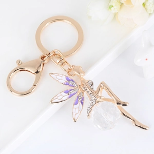 Exquisite angel keychain with purple crystal ball and sparkling rhinestone detailing